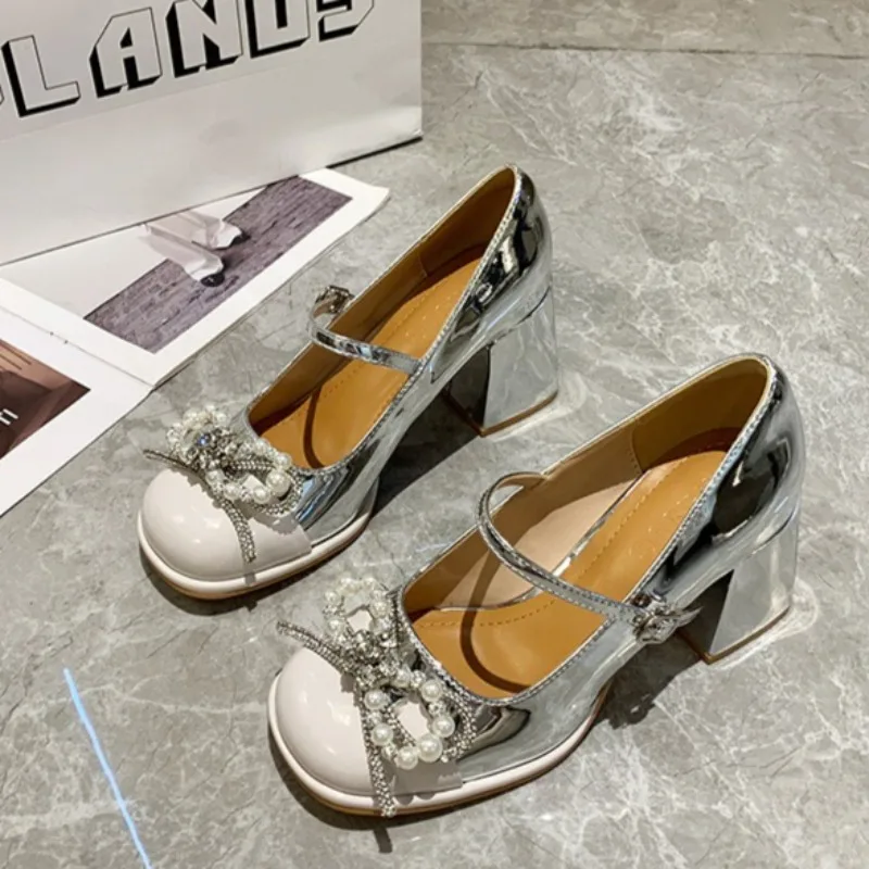 

Women's Mary Jane Shoes Fashion Artificial Pearl High Heels for Woman Sweet Round Head Casual Shoes Designer Shoes Zapatos Mujer