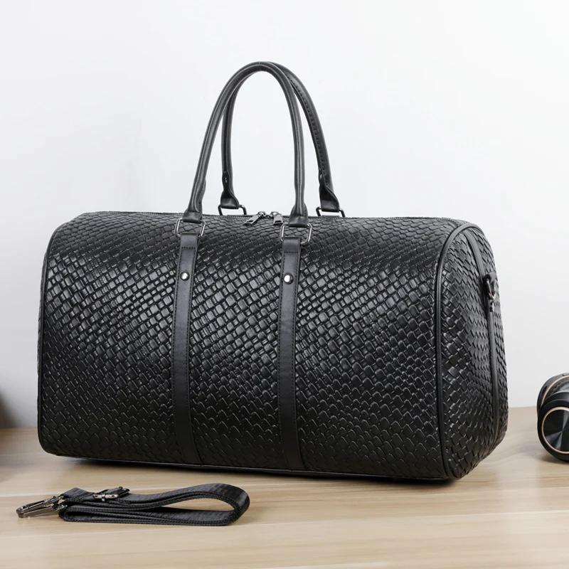 Men's Fashion Woven Black PU Travel Bag Large Capacity Trendy Luggage Bag Casual Business Men Women Shoulder Bag Fitness Handbag