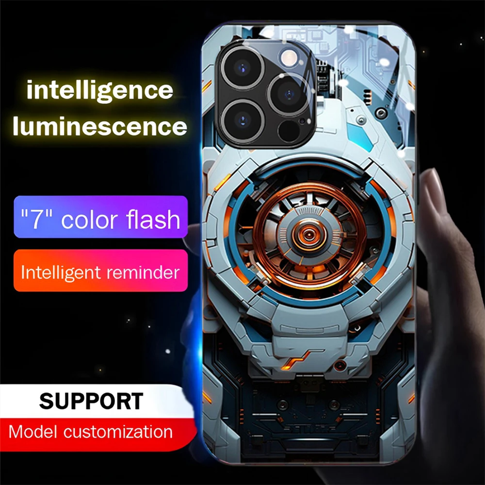 

Technology Machinery Smart LED Light Glow Tempered Glass Phone Case For iPhone 15 14 13 12 11 Pro Max XR XS Plus 6 7 8 SE2020