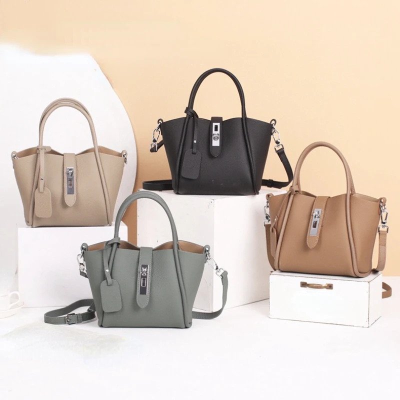 

New Women's One Shoulder Bucket Bag Litchi Grain Real Cowhide Fashion Versatile Portable Crossbody Bag Commuter Tote Bag