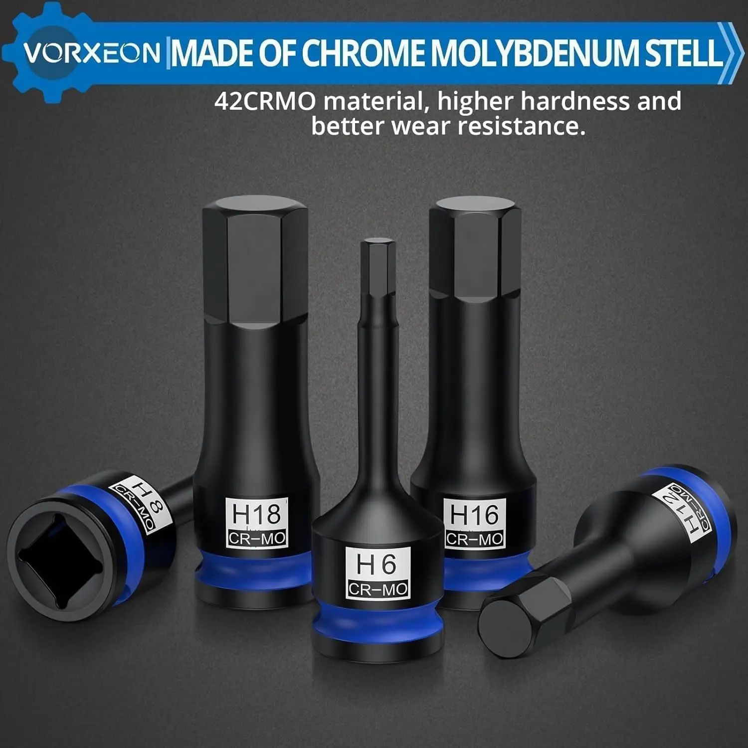 مجموعة لقم سداسية ذات تأثير متري مكونة من 10 قطع 1/2 بوصة 42Cr-Mo 5-19 مم، قطعة واحدة، مع حافظة