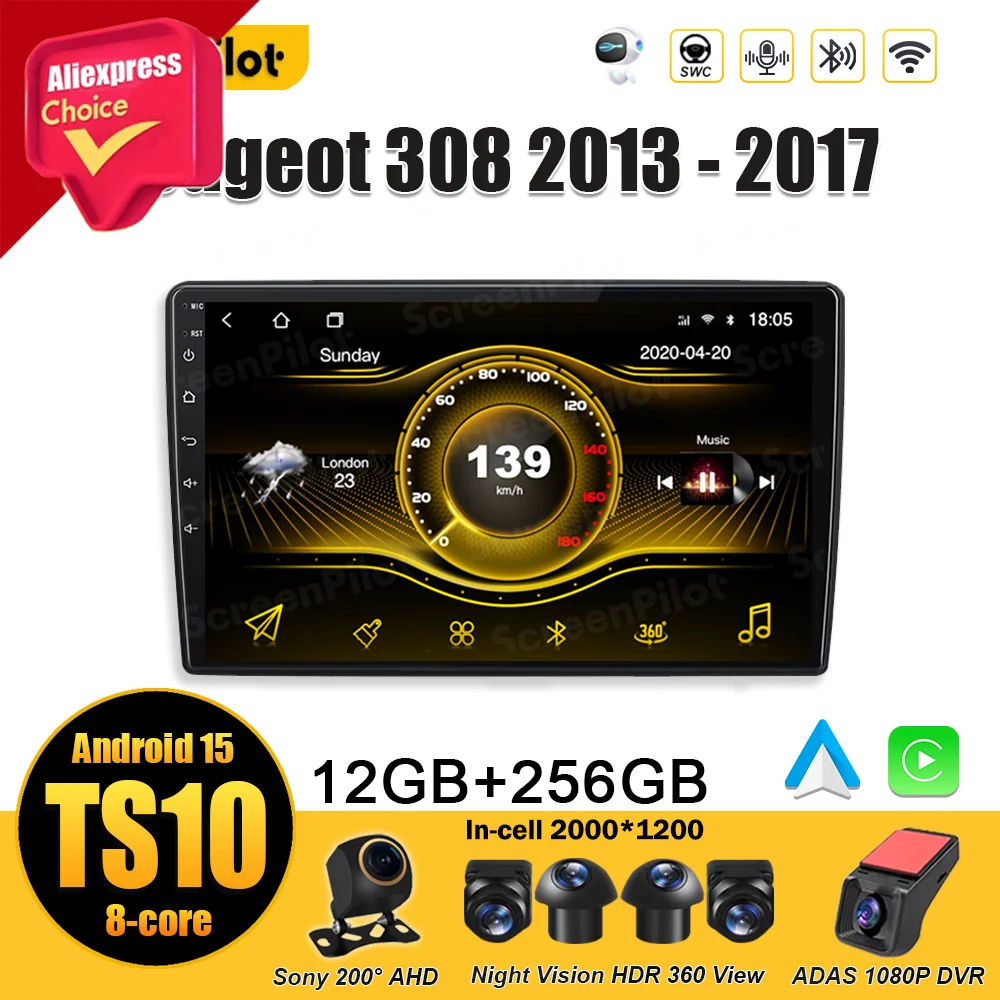 

Android 15 для Peugeot 308 2013-2017 Carplay 2 din Mirror Link Мультимедийный видеоплеер 8-ядерный сенсорный экран Android Auto RDS DSP