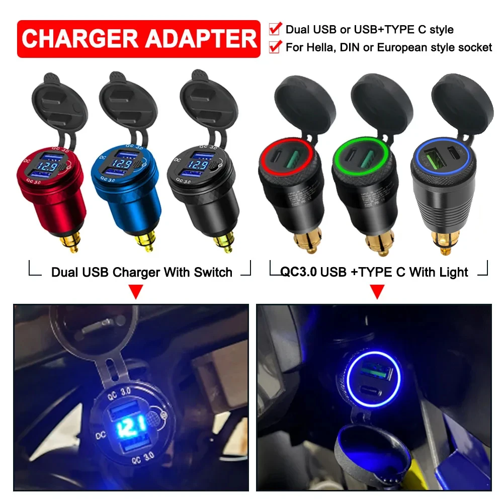 

R1200GS Dual USB Charger With Switch R1200RT R1150RT Type-C Motorcycle Charger Accessories For BMW F800GS F800GT DIN Hella Plug