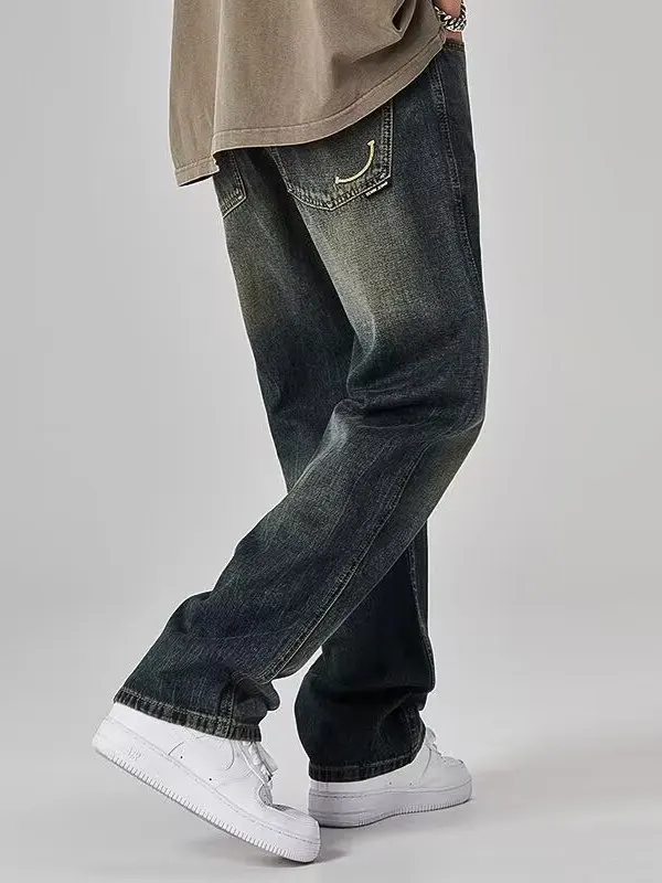 Retro Waed Loose Straight Leg Men's Jeans Spring Autumn New Sle American High Street Trend Brand Casual Long Pants