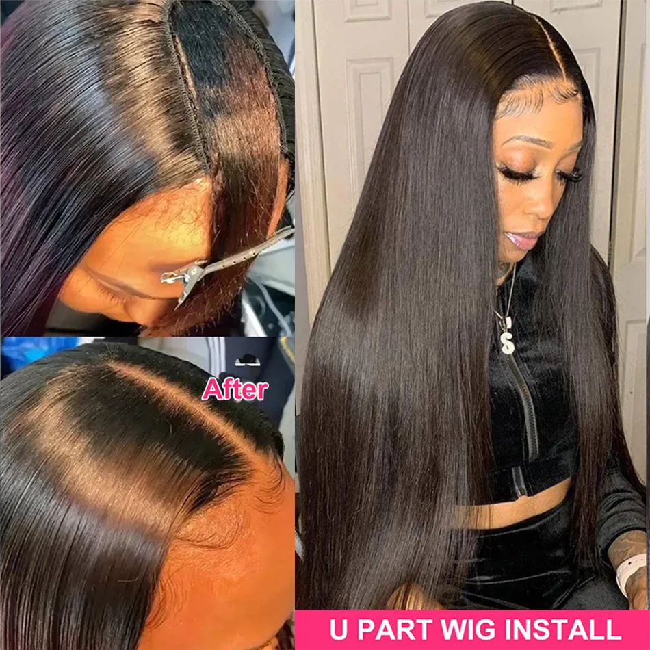 Straight U Part Wigs 100% Peruvian Virgin Human Hair Wig For Women No Leave Out No Glue Natural Cheap U Shape Wig 180% Wholesale