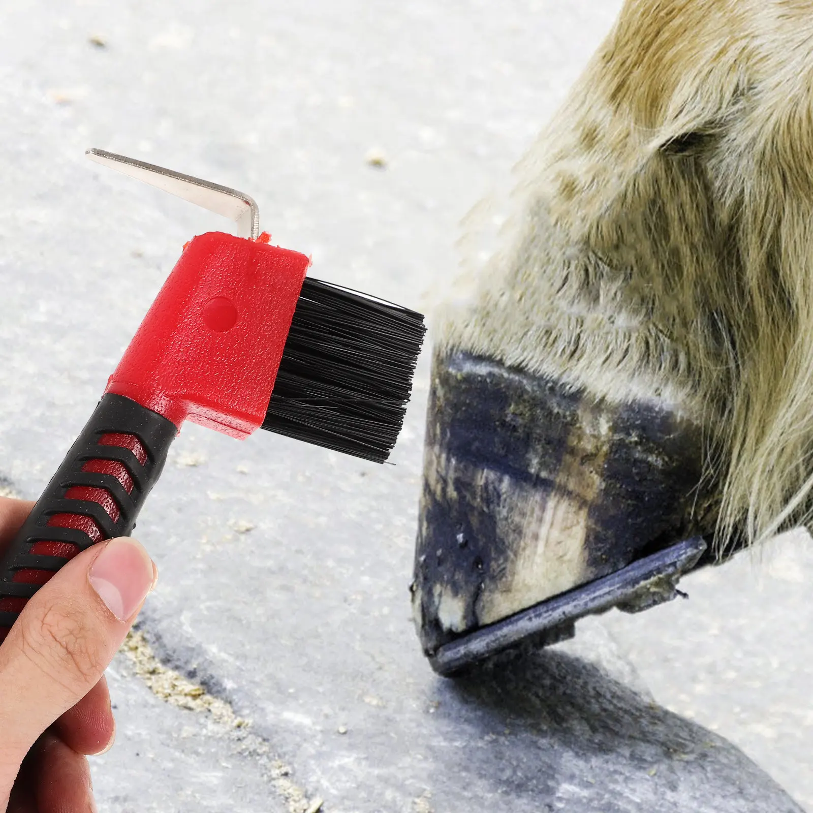 Ergonomic Hoof Pick with Built in Brush Stainless Steel Construction Nylon Bristle Head Rubber Grip Handle for Horse Hoof Care