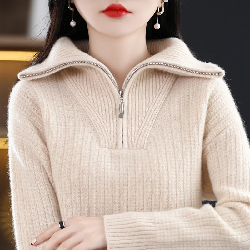 100% Wool Zipper Casual Fashion New Style Women\'s Cashmere Turtleneck Loose Pullover Ladies thickening Sweater Christmas