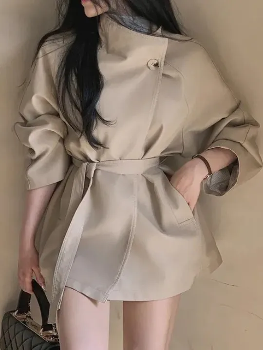 Slimming Effect Korean Design Sle Women's Windbreaker Jaet Vintage Hong Kong Sle High Quali Belted Mid-Length Leather...