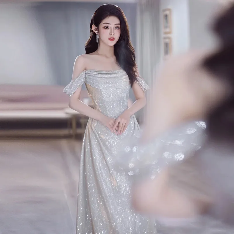 Sexy fora do ombro longo vestido de noite elegante lantejoulas vestidos de baile moda sem alças festa de casamento formal ocasião vestido 2025 novo