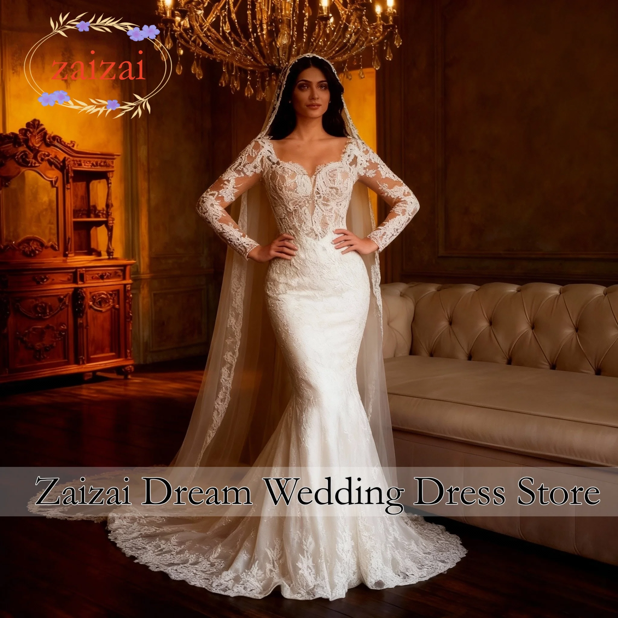 

CustomizedLuxury Lace Appliques Bride Wedding Dress V Neck Long Sleeves Mermaid Bridal Gowns Sweep Train Women Vestidos De Novia