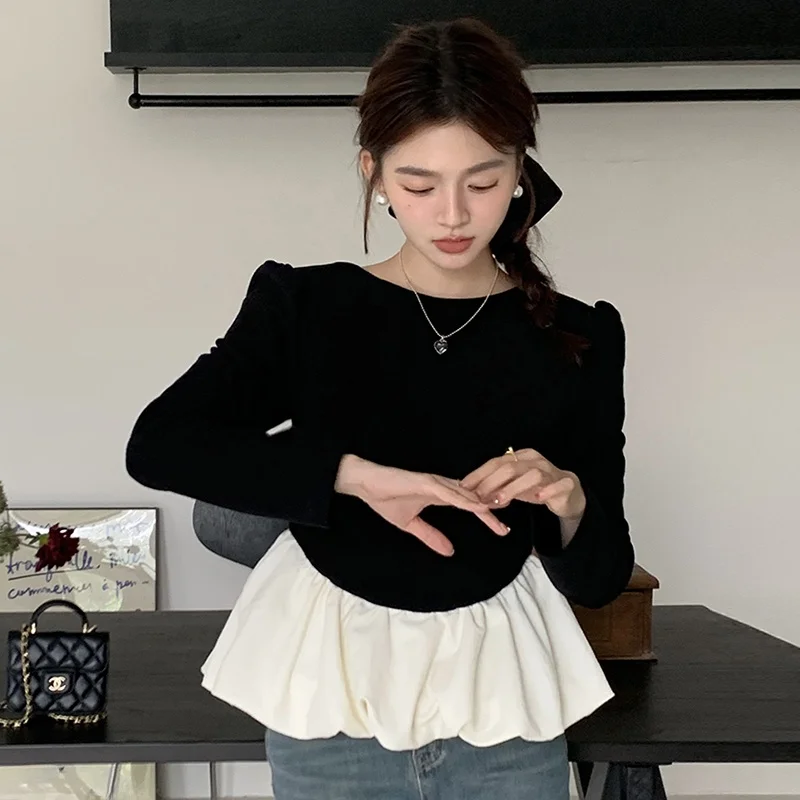 

Шикарный винтажный круглый топ Ne Bal Color Blo Long Sve, женский топ irt в Корейском стиле, облегающий крой, осень 2023, для поездок на работу