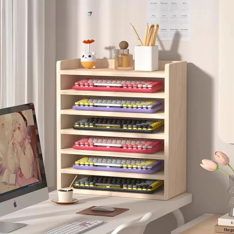 

Wooden Keyboard Organizer - Dustproof Storage for Office Supplies & Mechanical Keyboards, Multi-Layer Display Rack