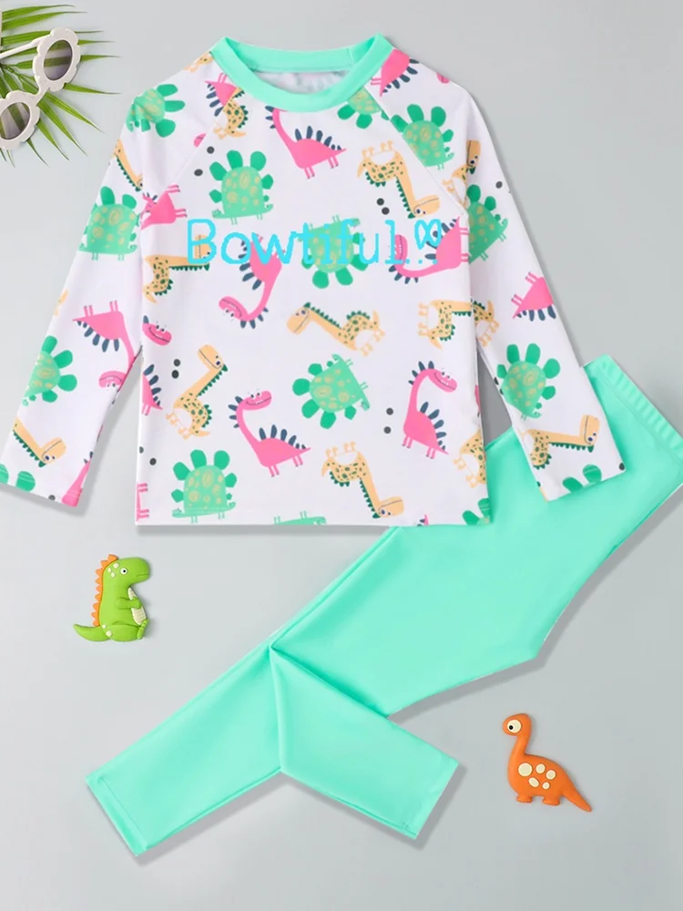 

Boy Kids Swimsuit 2025 New Print Solid Long Sleeves Children Swimwear Summer Two Piece Trousers Beachwear Bathing Suit Swimming