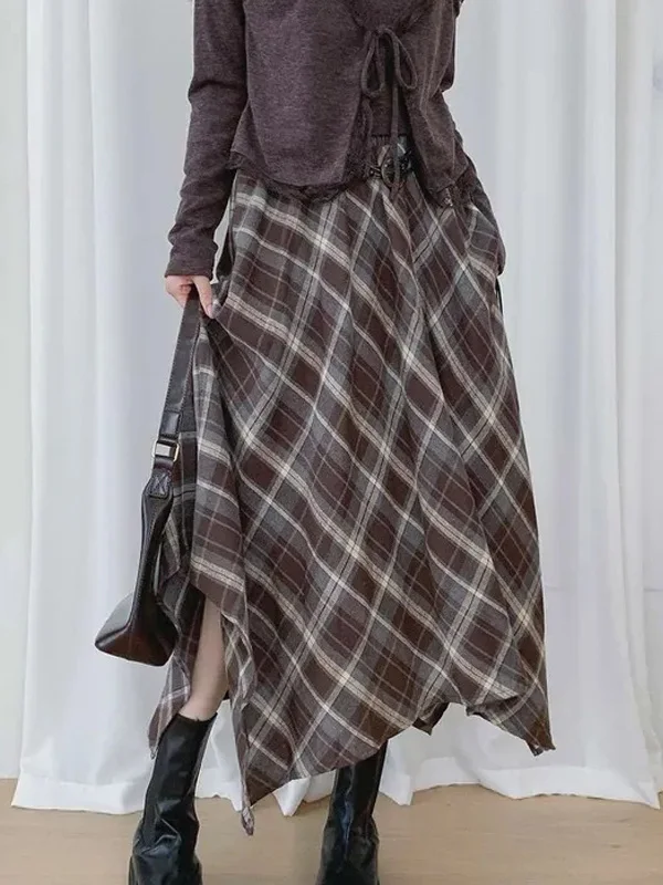 

Новая весенняя женская юбка в клетку, ретро-стиль, А-силуэт, длиной до колена, с эффектом стройности, с поясом, винтажная, в клетку, средней длины