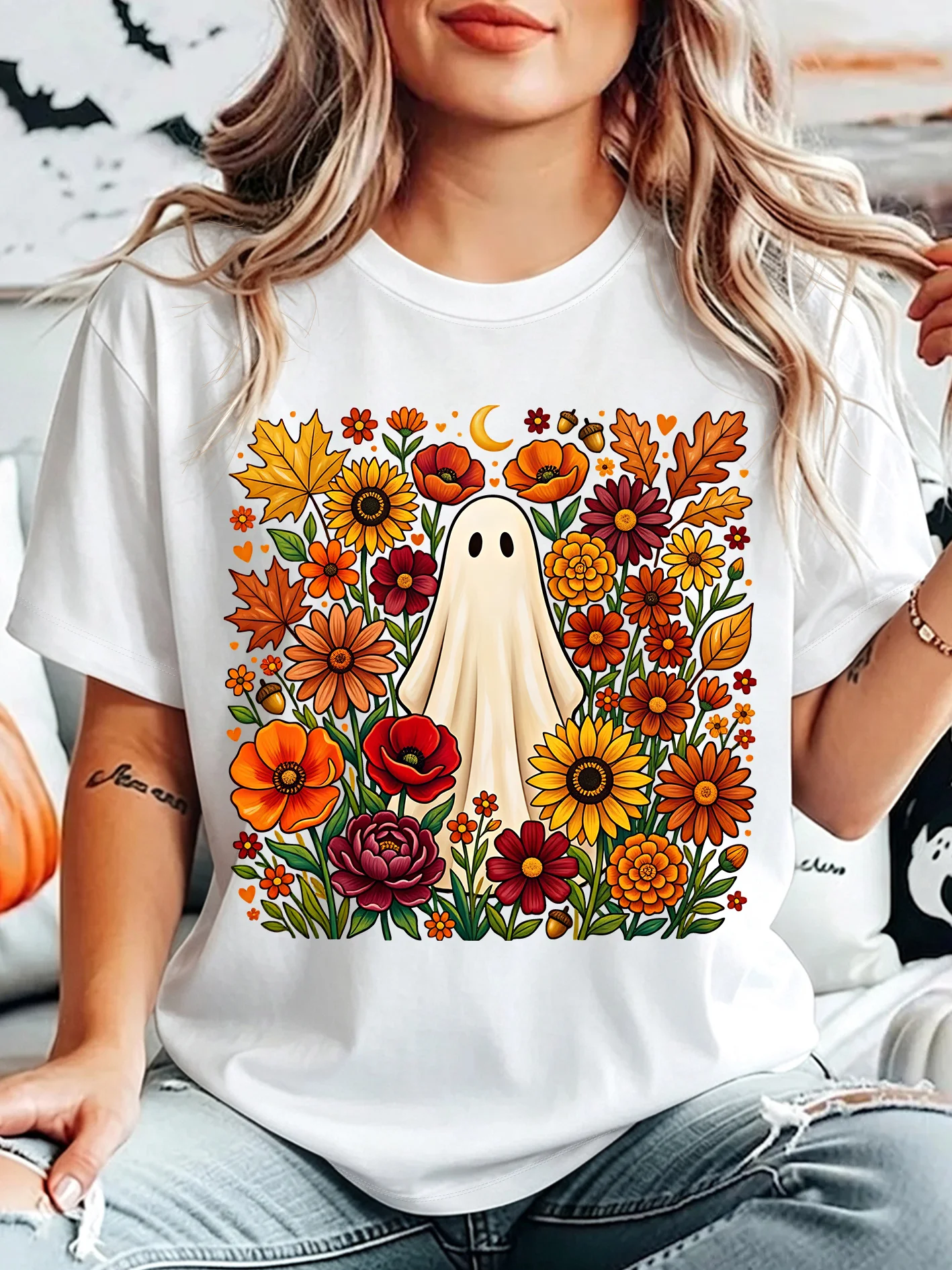 Cute Fall Floral Ghost Womens Crew Neck Short Sleeve T Shirt Autumn Sunflower Maple Leaf Moon Halloween Graphic Tees For Ladies