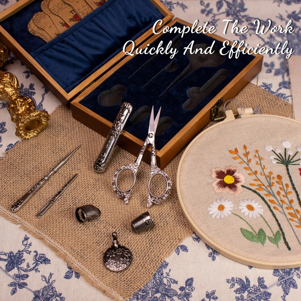 Komplettes Vintage-Nähset im europäischen Stil, Retro-Nähset in Holzbox mit antiken Stickerscheren und Nadeln für DIY-Bastelarbeiten – Detail 5