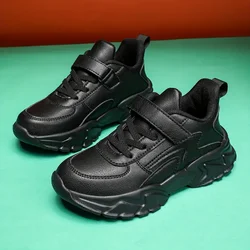 Zapatillas de correr para niños, zapatos deportivos informales negros, zapatos impermeables de cuero para exteriores