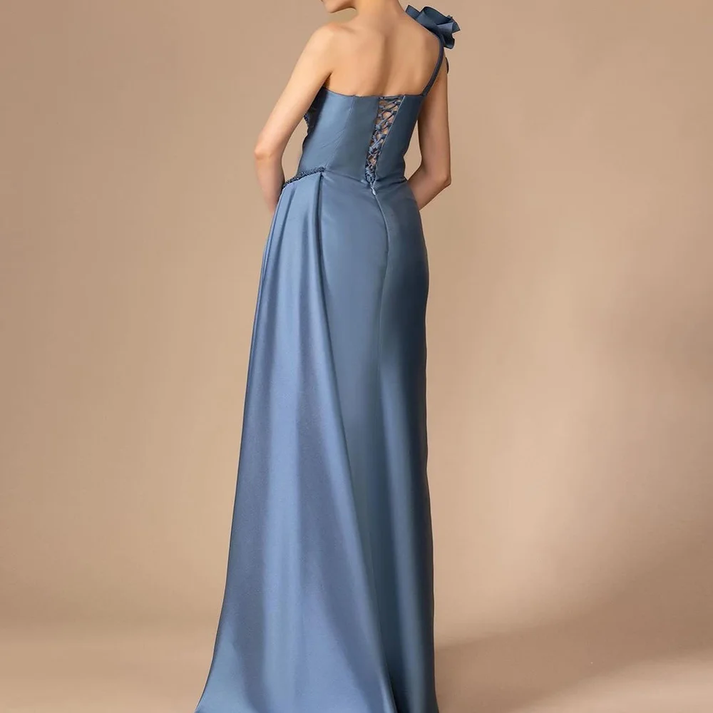 3D Flowers Lace Up Back Panel Train Pleats Ruched Sleeveless Satin One Shoulder Floor Length Side Slit A-Line Evening Dress 2024