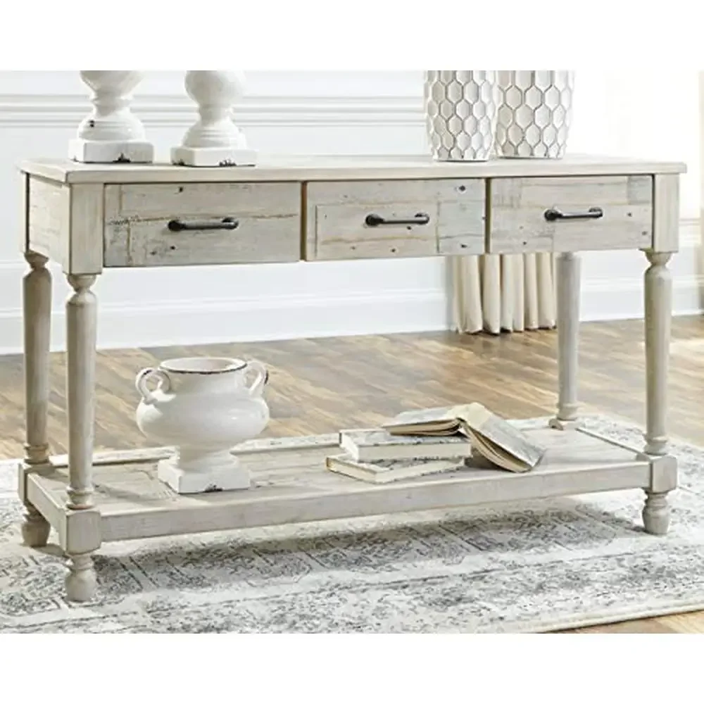 Farmhouse Solid Pine Wood Sofa Console Table Whitewash 50W x 17D x 30H Rectangular Storage Drawers Characteristic Plank Textured