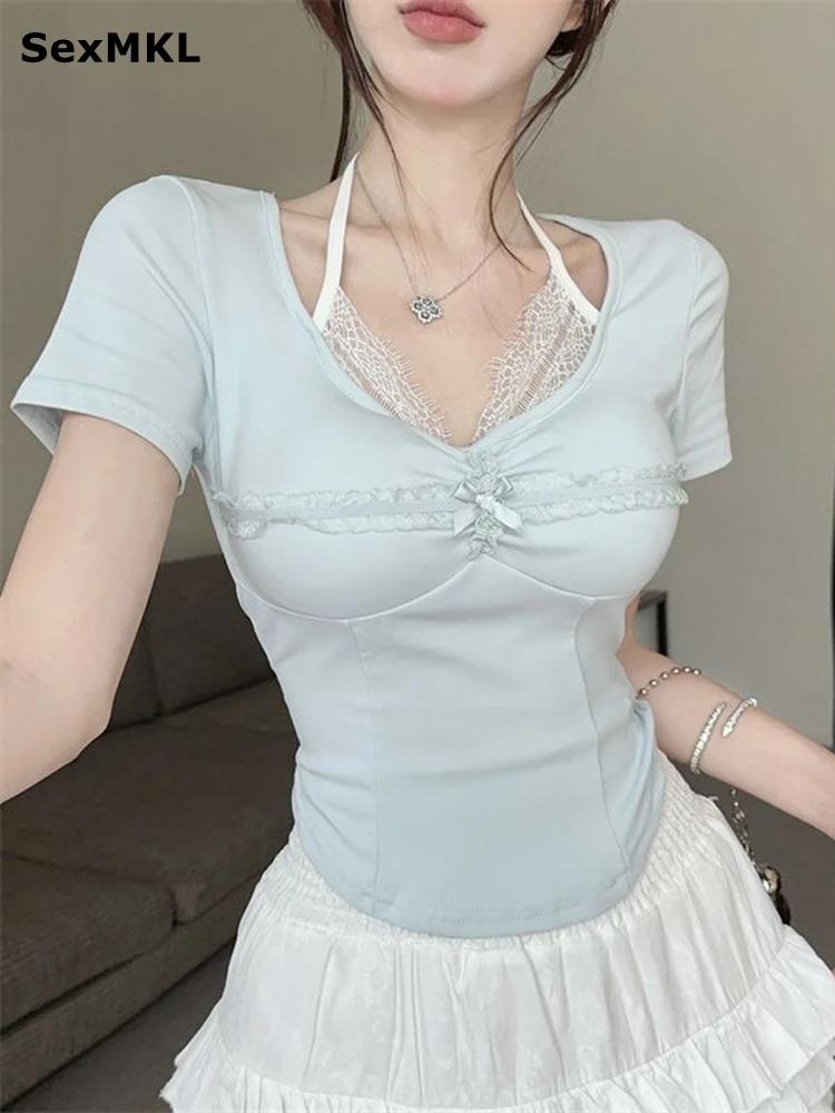 

Sweet Summer T Shirts Women Casual Short Sleeve Lace Patchwork Kawaii Clothes Ladies Crop Tops Korean Style Y2k Pink T-shirts