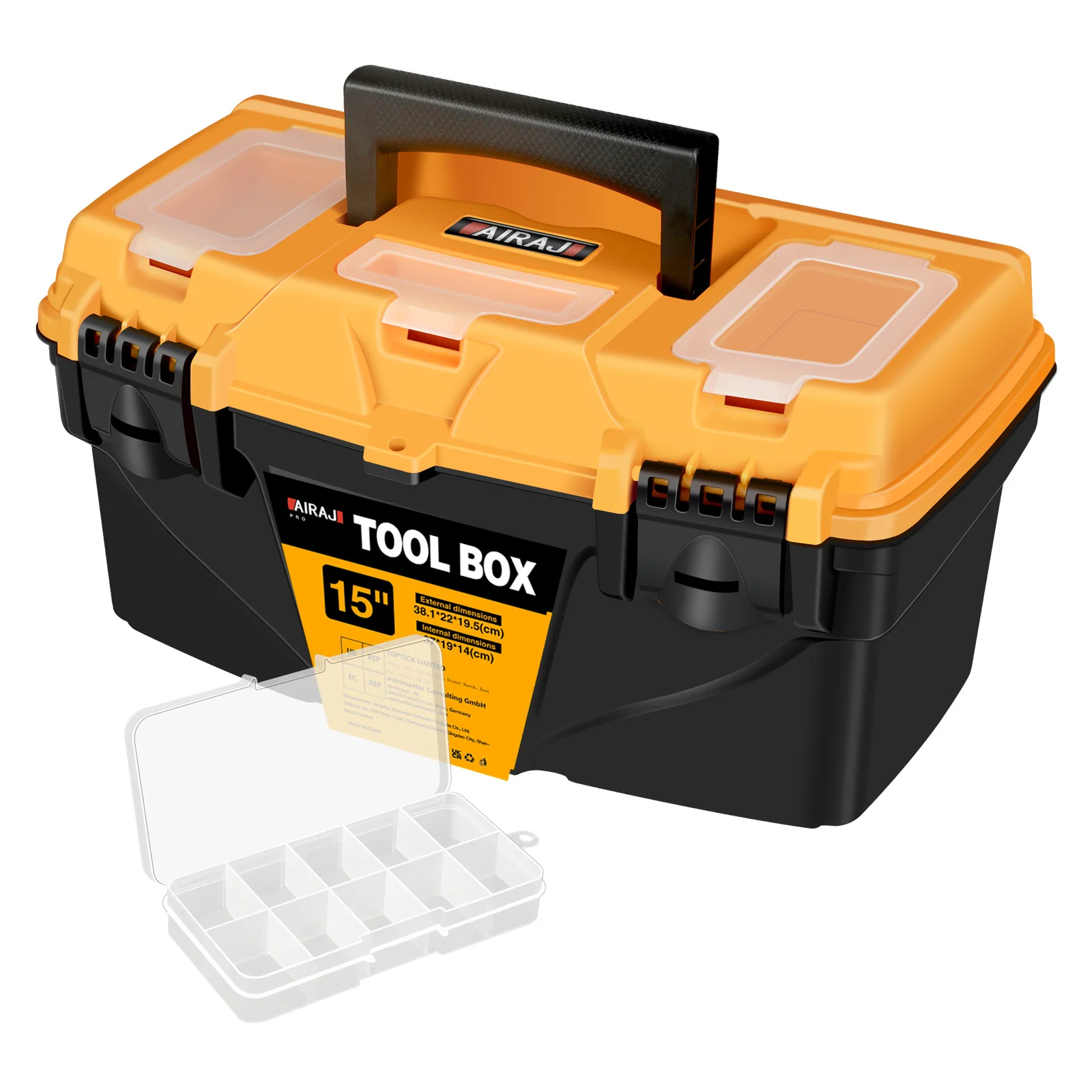 AIRAJ PRO Tool Box, 15 Inch Tool Box Empty Plastic with 3 Transparent Storage Spaces and Two Locks, Suitable for tool