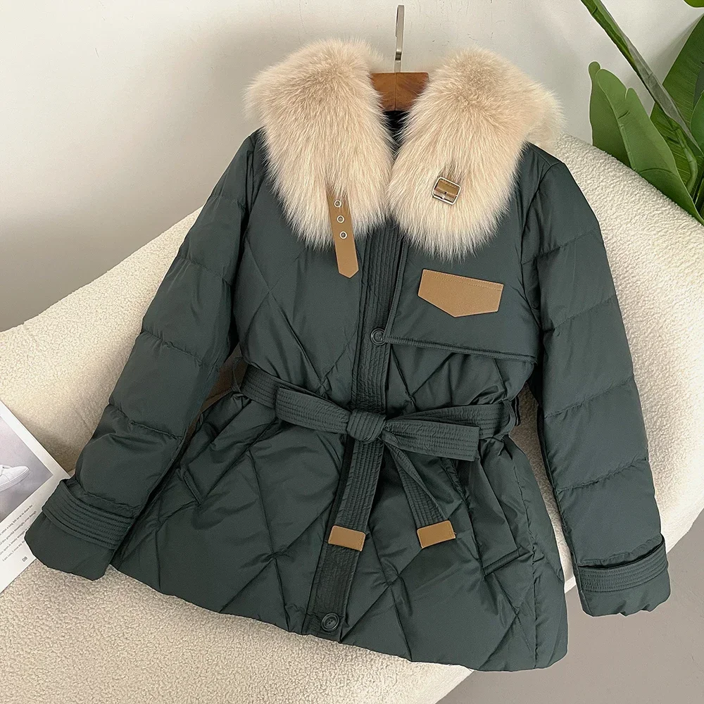 Down Jacket Women Autumn Winter Real Fur Coat Lace-up with Fox Fur Collar Thickened Warm White Duck Down Jacket Real Fur Coat