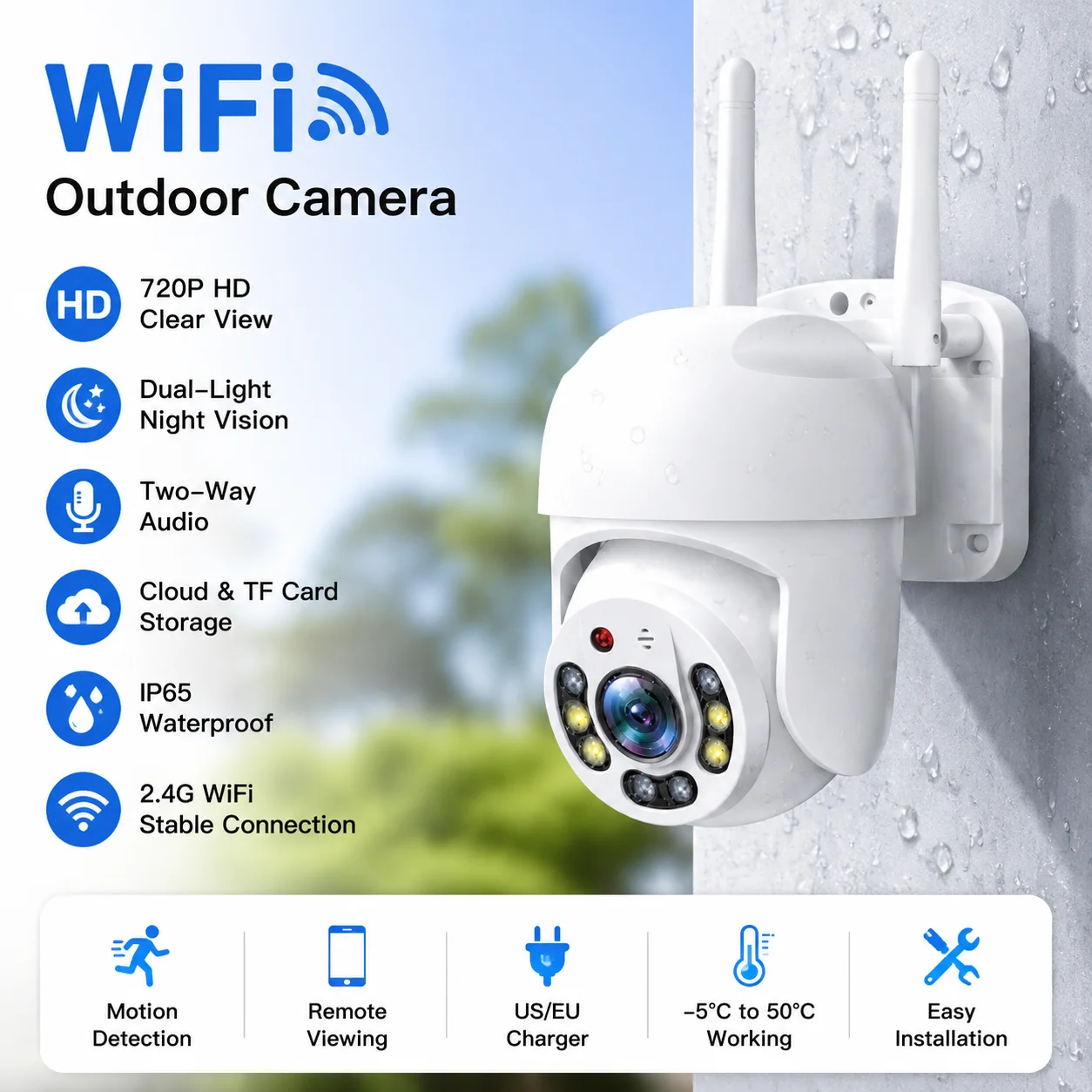 Outdoor 1080P WiFi Security Camera with TwoWay Audio IP65 Waterproof Night Vision TF Card  Cloud Storage 15m USB Cable