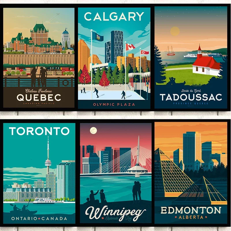 Vintage Canada City Travel Poster Quebec Montreal Tadoussac Toronto Canvas Printing Modern Wall Art Picture Room Home Wall Decor