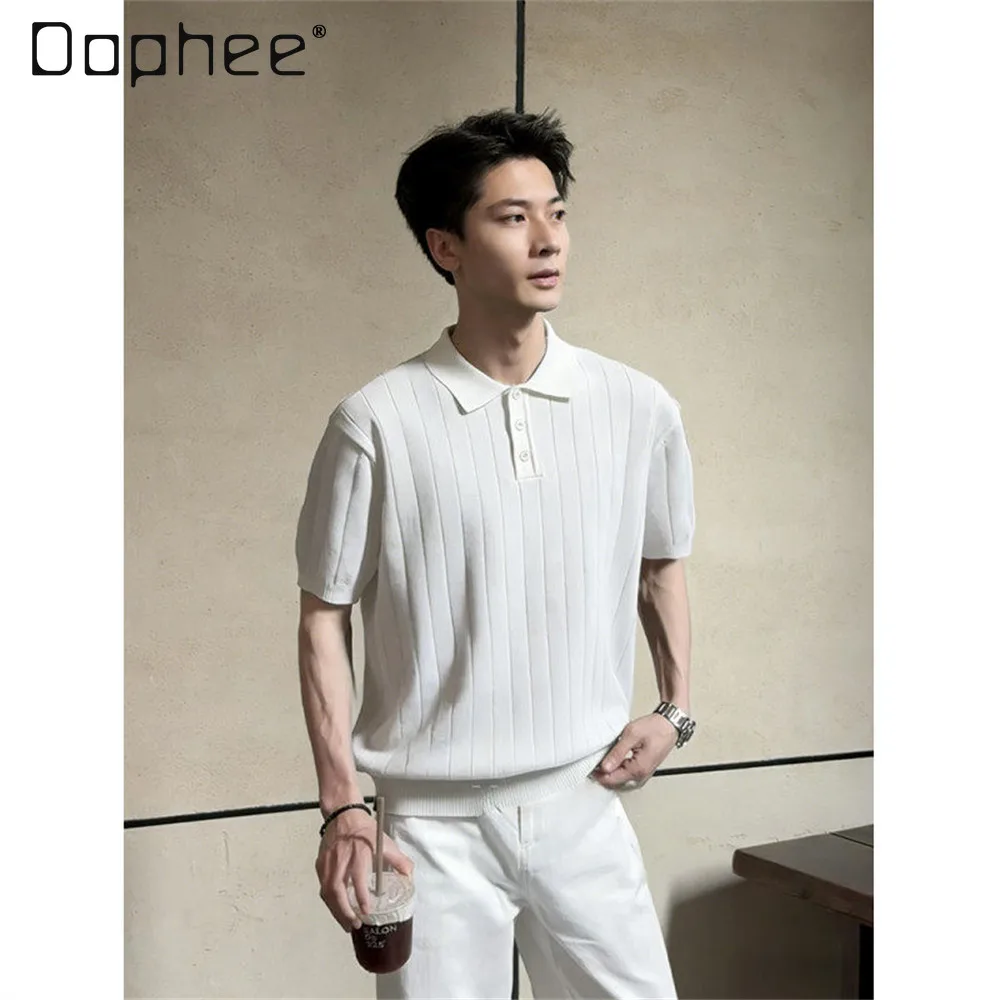 2026 Summer Men's Light Luxury Fashion Polo Shirts Suit Knitted Short Sleeve T-shirt Loose Casual Trousers Two-piece Set for Men view 3