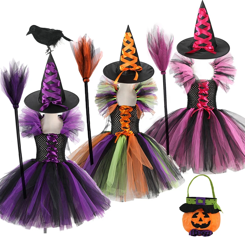 

New Halloween Costume for Kids Girls Witch Cosplay Tutu Knee Dress with Hat Broom Children Carnival Vestidos Fancy Dress Clothes