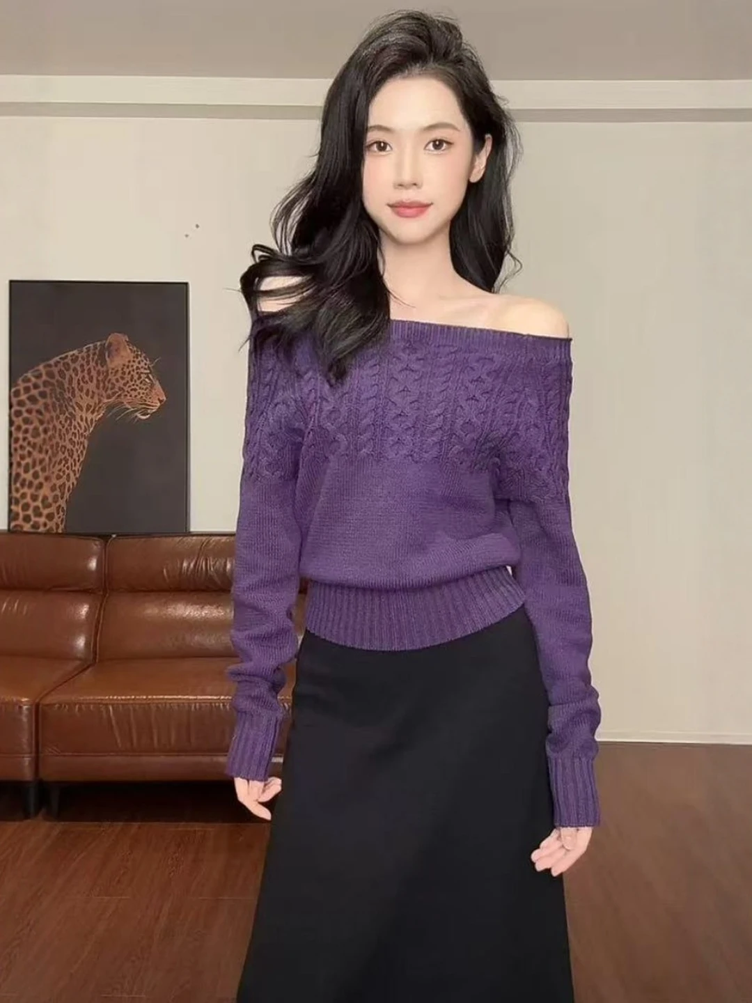 

Purple Twist Knit Sweater Women's Loose Fit ort Sle Autumn Winter Warmth Slimming Soft Cozy One-oulder Knitted Top