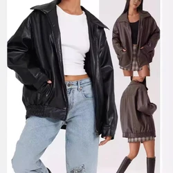 Chaqueta de piel sintética con cremallera para mujer, abrigo suave de motocicleta con bolsillos y remaches, estilo Punk, Y2k, color negro, primavera, otoño e invierno, 2024