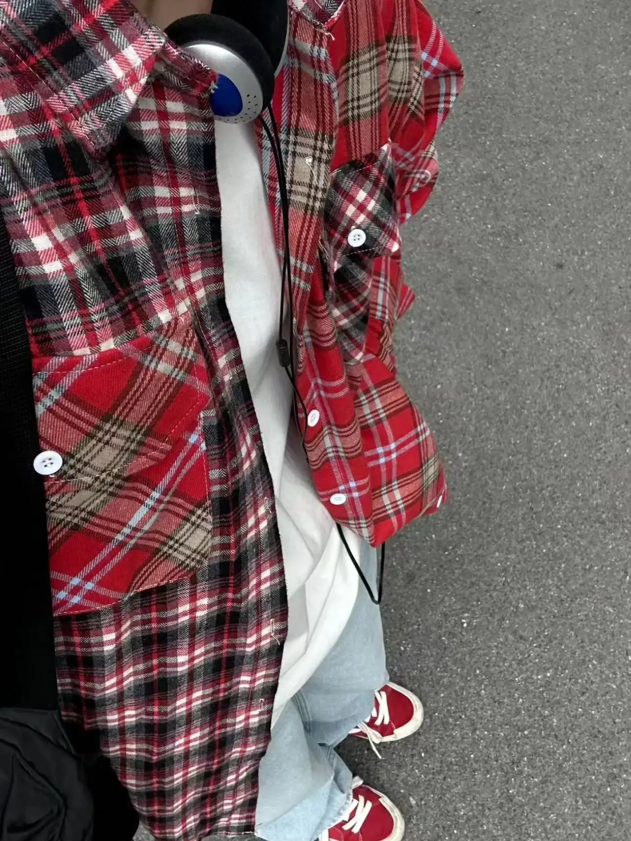 

Retro Color Blo Plaid Loose irt Men's Women's Street Sle Spring Autumn American Trendy Brand Outerwear Coat