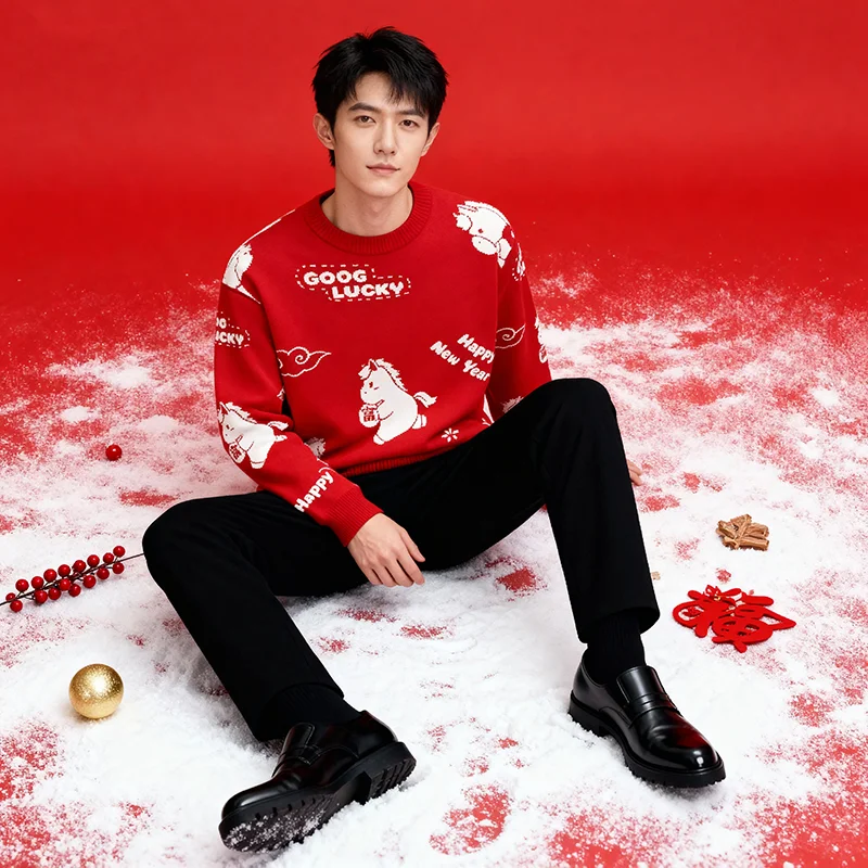 

Красный свитер на Год Лошади 2025 Новый стиль Высококлассный сенсационный новогодний вязаный свитер Новогодний топ