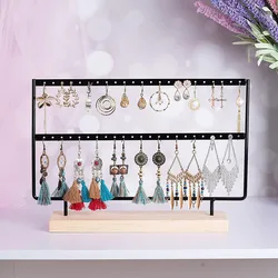 2-Tier 46 Holes Earring Display Holder,Metal 2 Layers Jewelry Storage Organizer Wood Stand Tree,Ear Stud Rack Gift for Women
