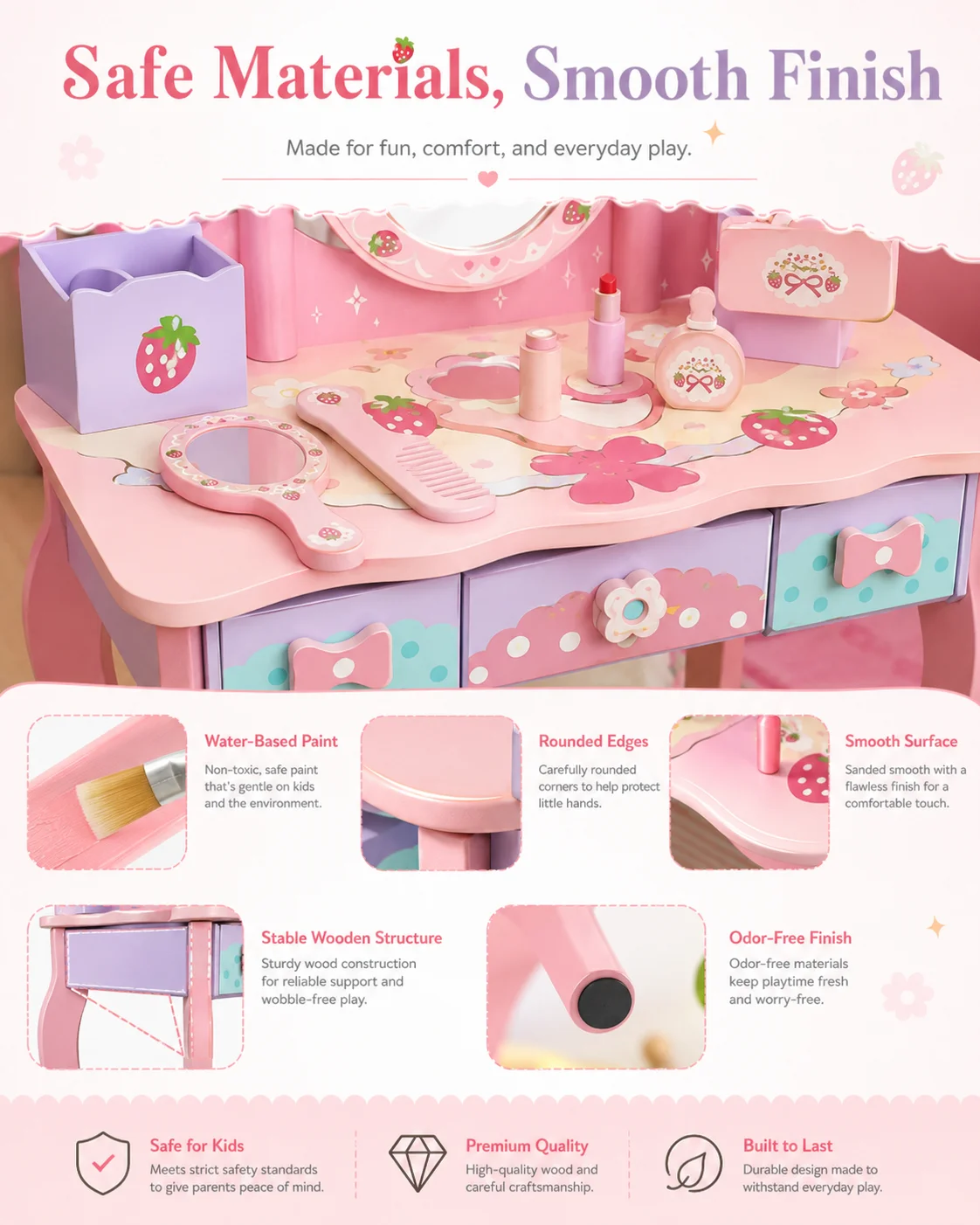 Kids Wooden Vanity Table Set with 3 Mirrors & Chair, Girls Pretend Play Dressing Table with Makeup Accessories