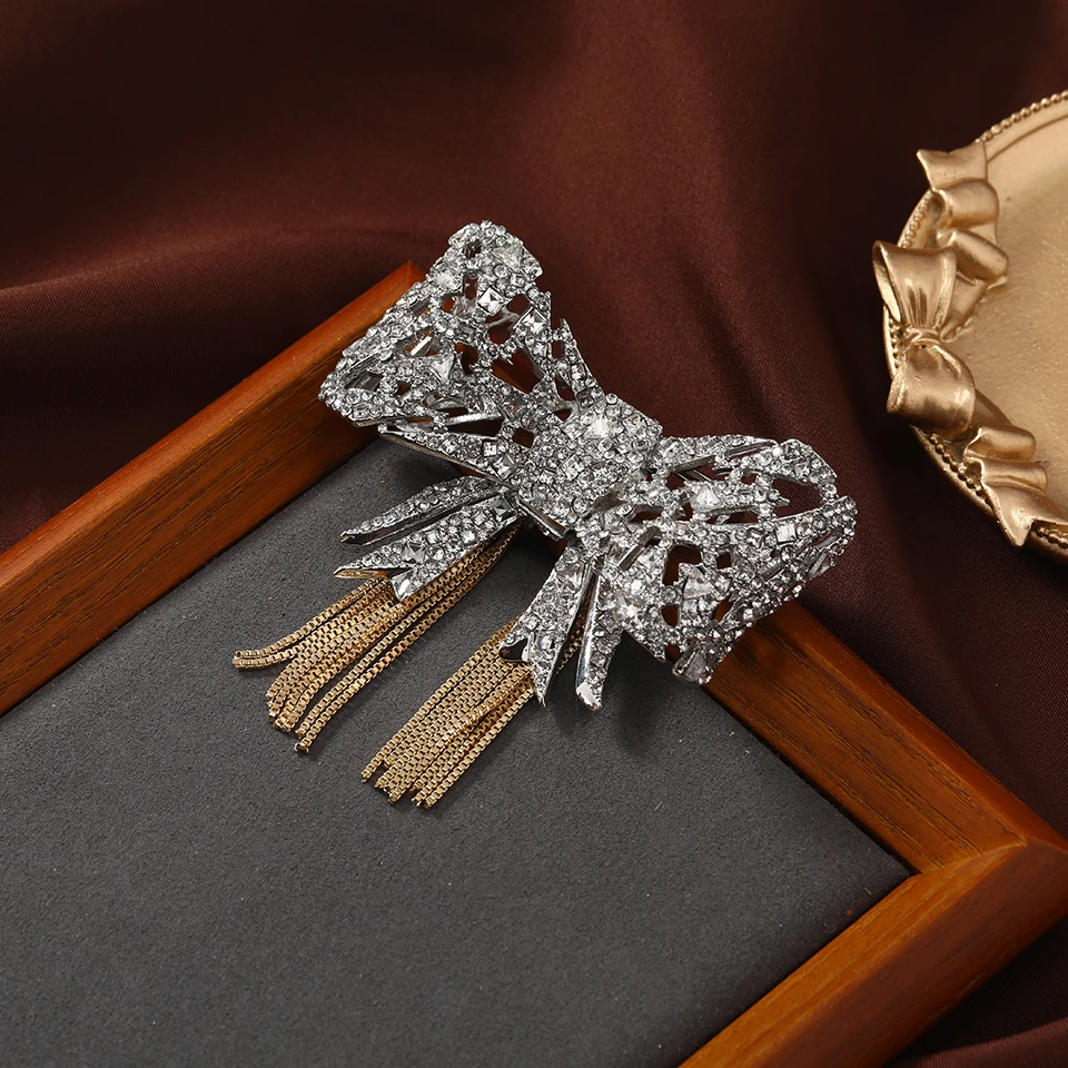 Morkopela Vintage Big Luxury Bowknots Brooch Designed Crystal Party Banquet Tassel Brooches For Woman Clothes Suit Clip Pins