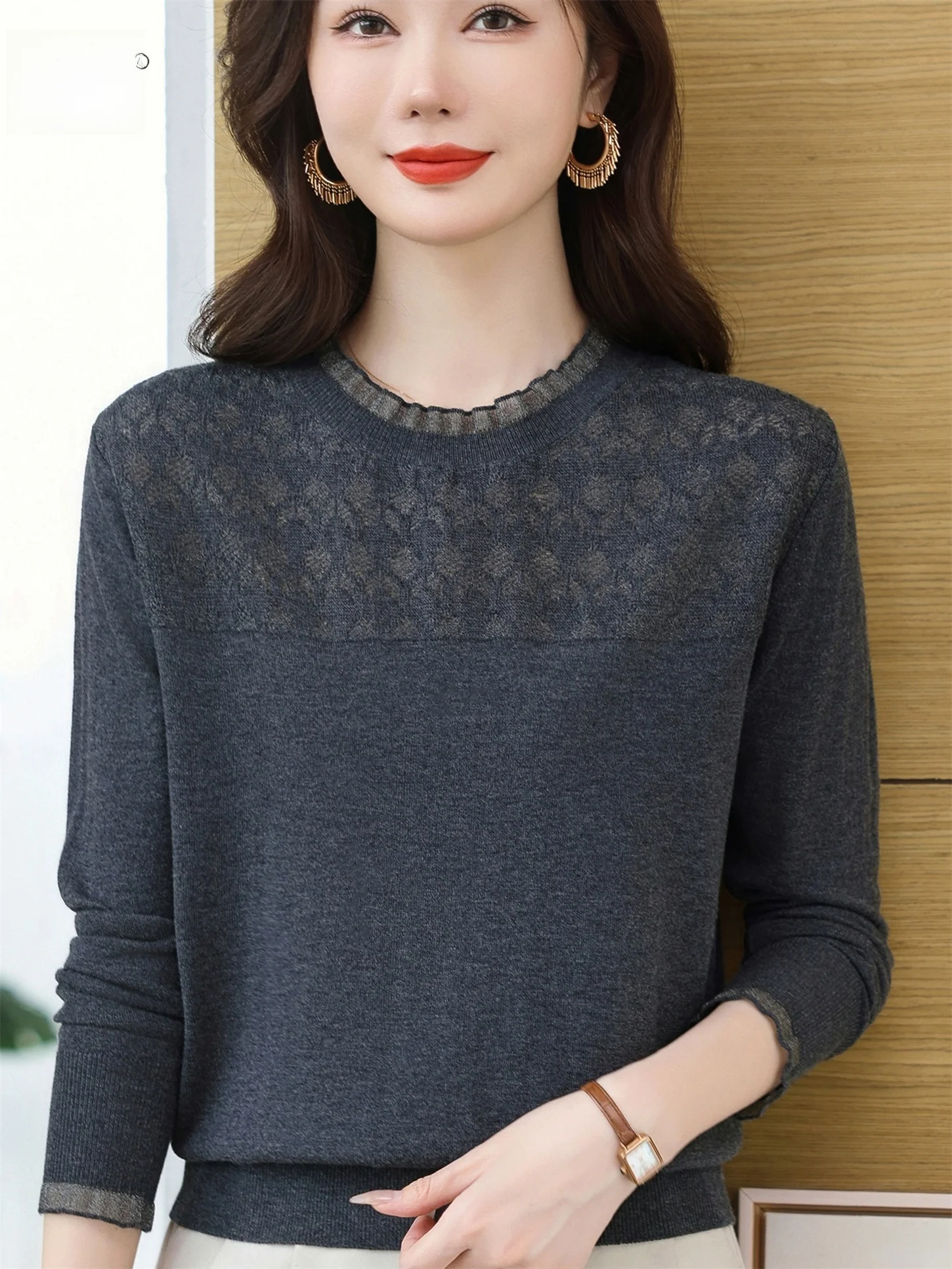 

Сводная круглая трикотажная основа Ne, свободный тонкий рукав для женщин среднего возраста, дышащая повседневная одежда, удобная посадка