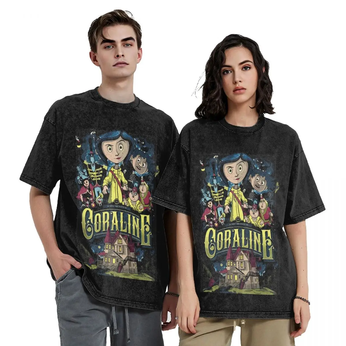 

Oversize Coralines Jones Movie Outfit Shirts Washed Style for Men Women Fantasy Animation T-Shirt Casual Top Tees Streetwear