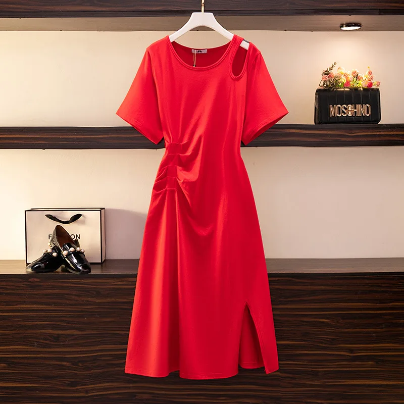 Plus Size Women's Bust 152 Summer Loose Irregular Slit Short-Sleeved Dress Red Black 5XL 6XL 7XL 8XL 9XL 150Kg