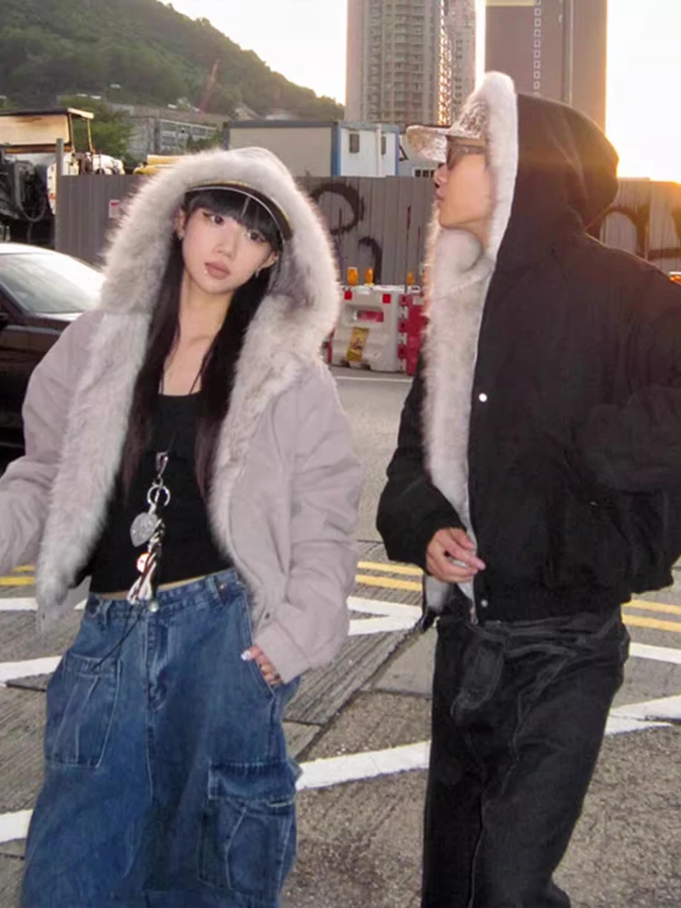 

Winter 2025 American Sle Men's Cotton Jaet with Large Fur Collar Casual Couple's Outerwear Thiened Warm Zipper Closure