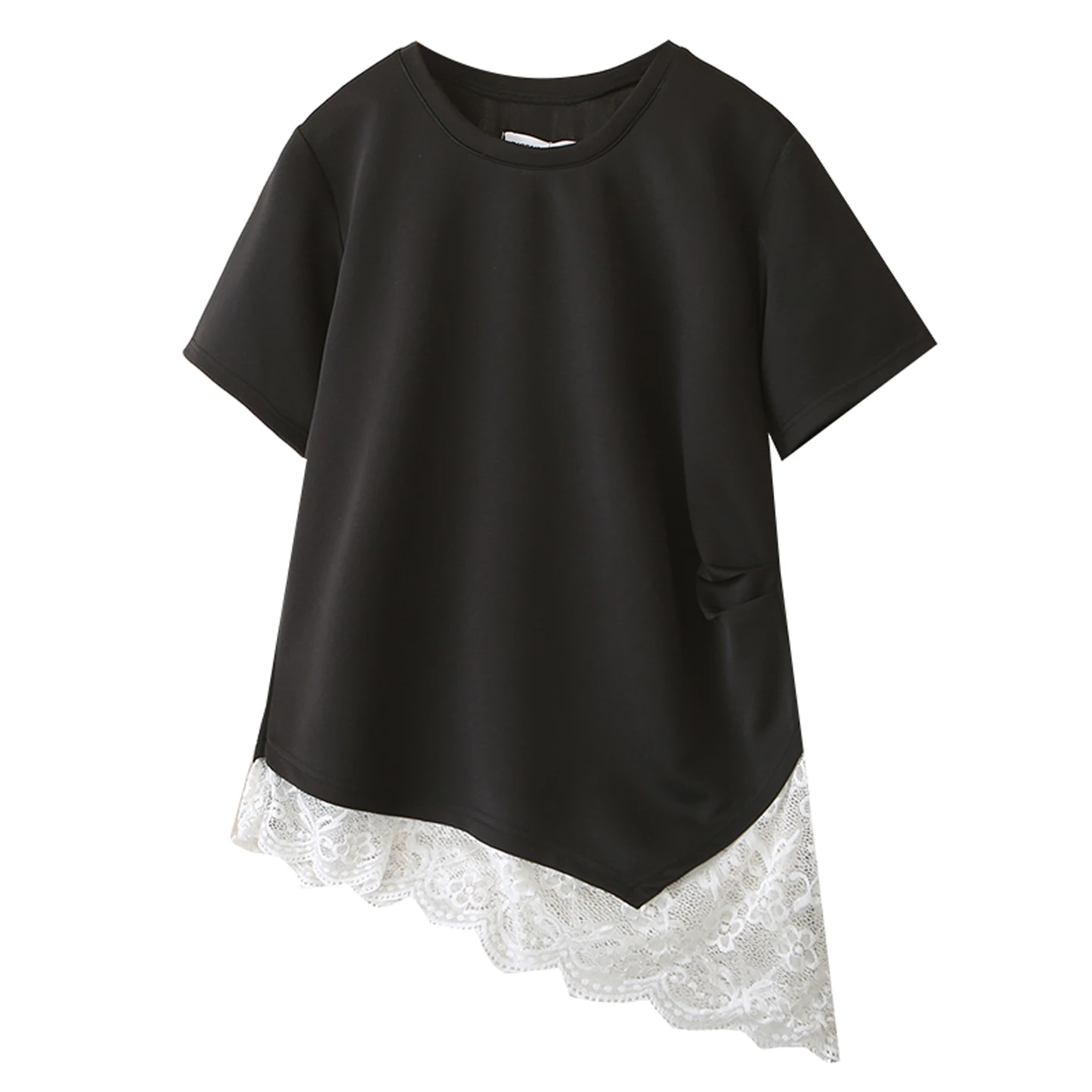 

2026 Summer Plus Size Fold Waist Design T-shirt Irregular Diagonal Lace Spliced Daily Casual Short Sleeve Top Curvy Ladies 8858