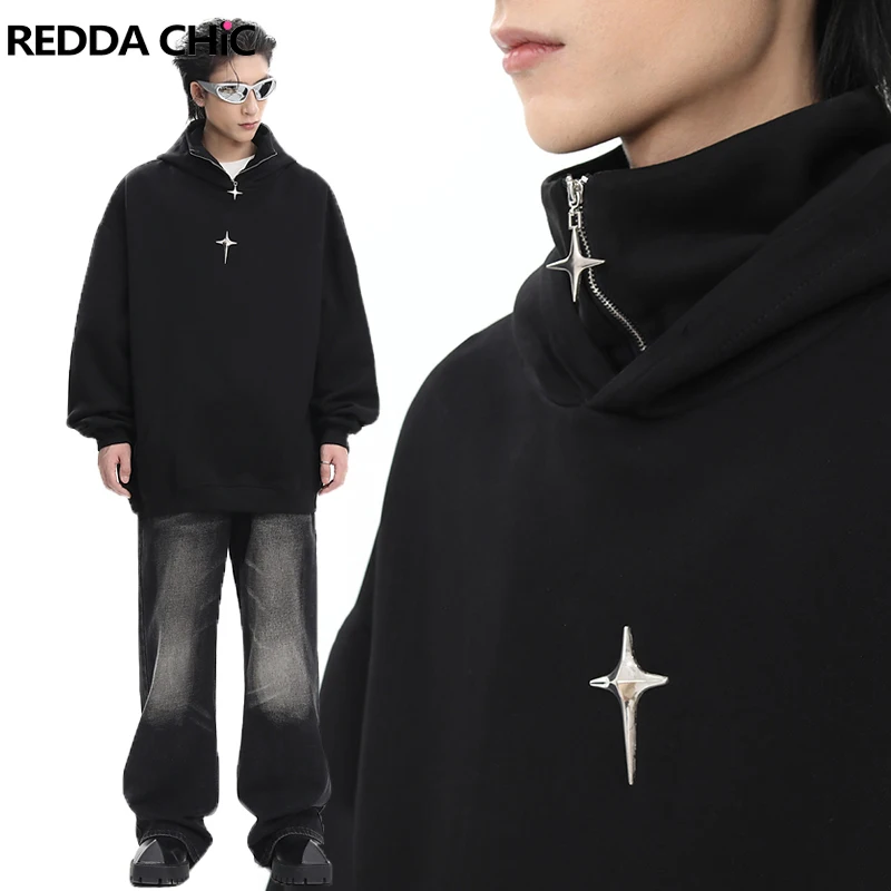 REDDACHiC Men Suede Leather Pullover Sweatshirt Black Hooded Star Half Zipper Mock Neck Slant Pocket Long Sleeve Top Y2k Hoodies