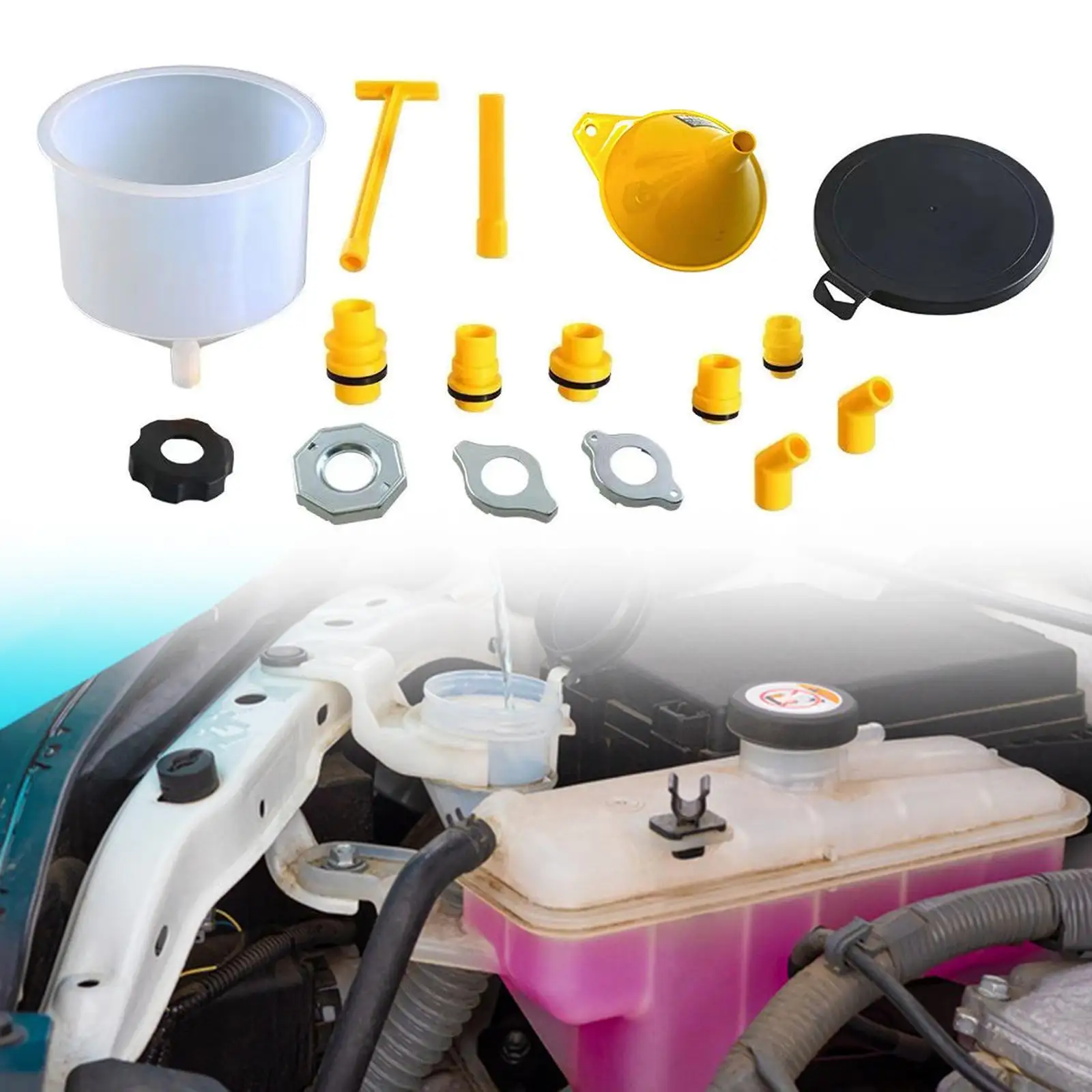 15 Pieces Radiator Coolant Filling Funnel Kits Spillproof , Straight Extension, 45 Degree Elbows Sturdy No Spill Coolant Funnel