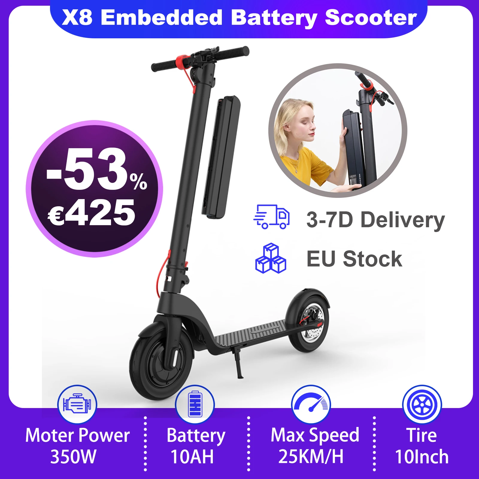 X8 Embedded Battery Electric Scooter 350W 25KM/H Folding Electric Kick Scooter 10 Inch 45KM Max Range Smart Escooter for Adults