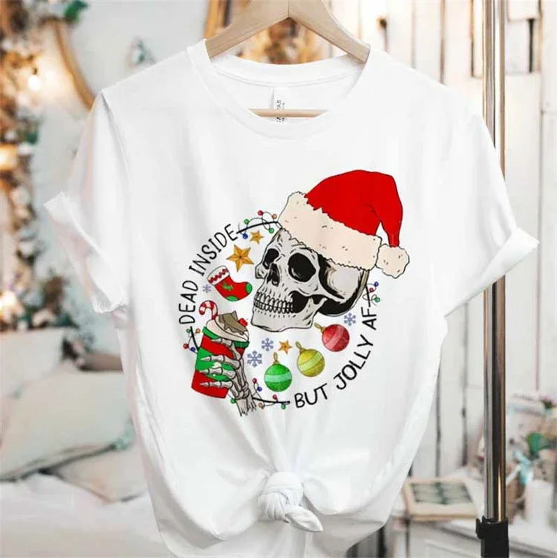 

Women's Top Fashion Short Sleeved Christmas Casual Cartoon Skull Pattern Fun T-Shirt Christmas Print White Women's T-Shirt.
