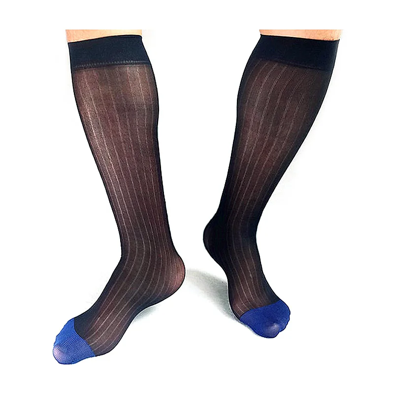 

New Style Men Nylon Silk Socks Striped Male Formal Dress Suit Socks Toe Blue Toe Sheer Sexy Socks Black White Navy