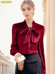 Autumn Winter Velvet Tops Blouses New Year Design Women Fashion Long Sleeve Red Solid French Style Basic Wear Bow Tie Shirts