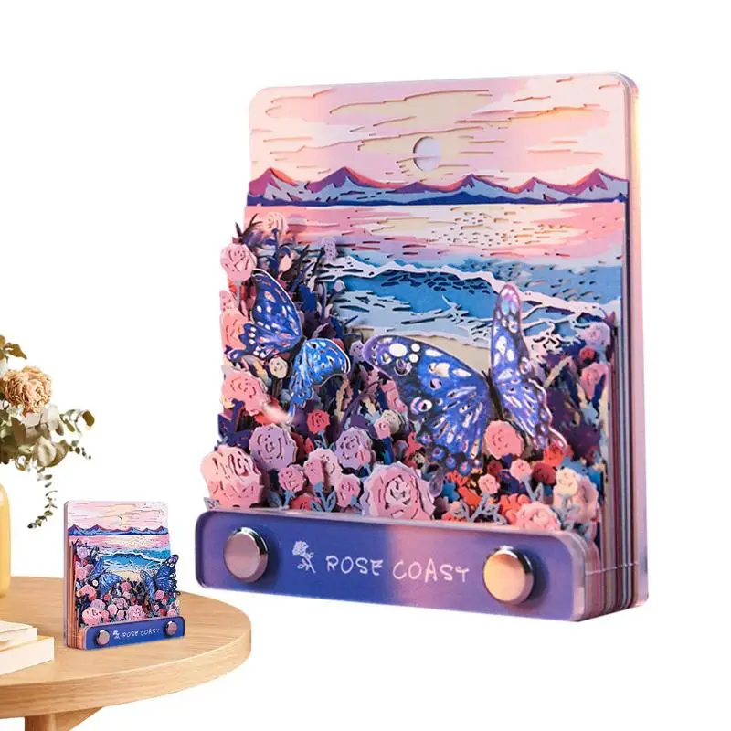 3D Desk Memo Calendar 2025 Creative Rose Coast Time Piece Calendar Carving Memopad Calendar 3D Memo Pad Art Calendar