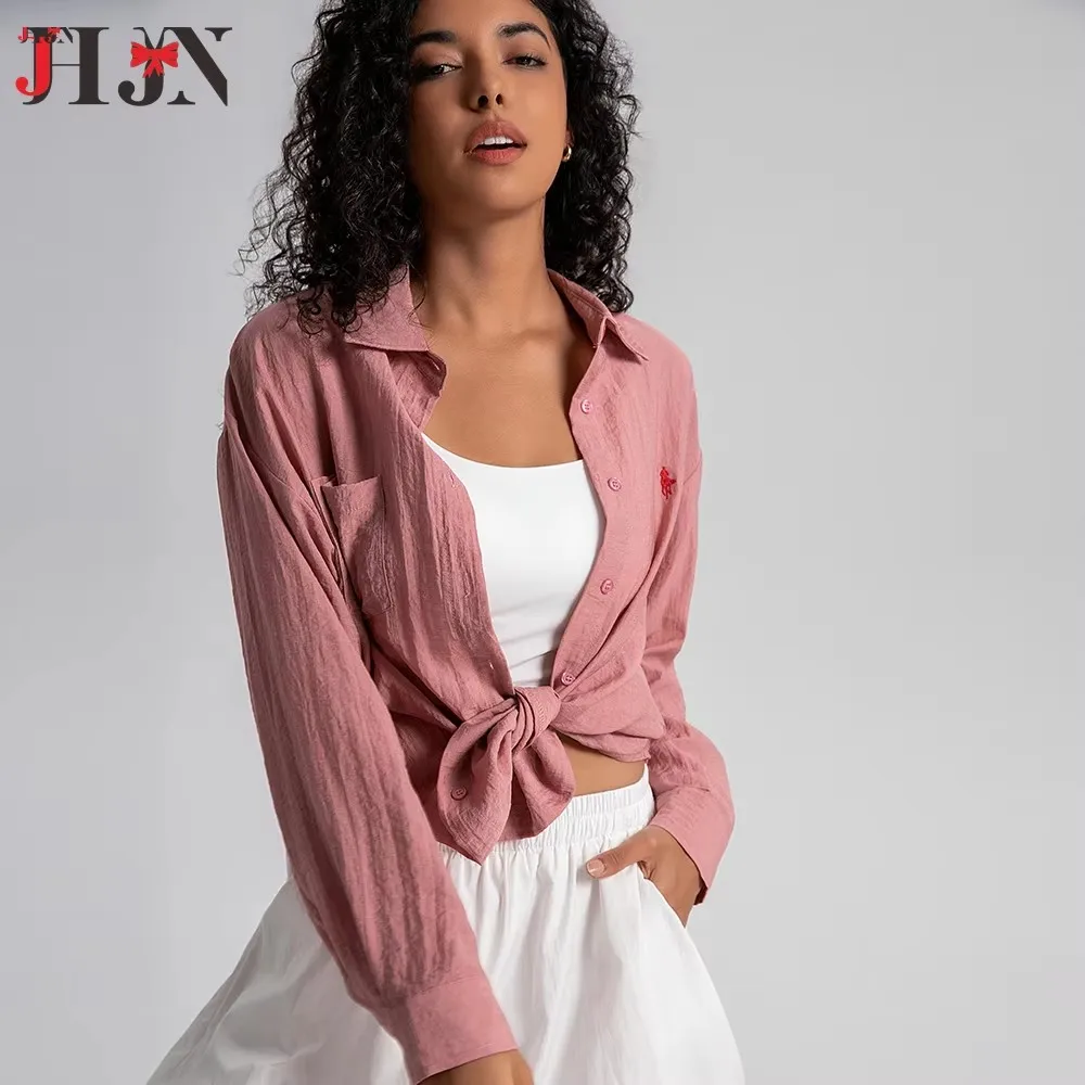 JHJN 2025 Casual Turn Down Collar Long Sleeve Top Office Lady Elegant Blouses for Women 100% Cotton Gauze Muslin Women Shirts